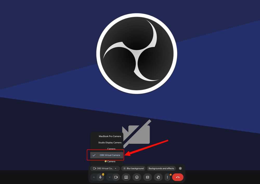 Google Meet camera menu with OBS Virtual Camera selected.