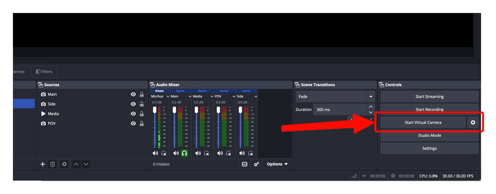 OBS Studio Controls dock with the Start Virtual Camera button highlighted.