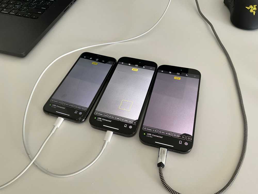 Three iPhones running Camera for OBS Studio and connected over USB.